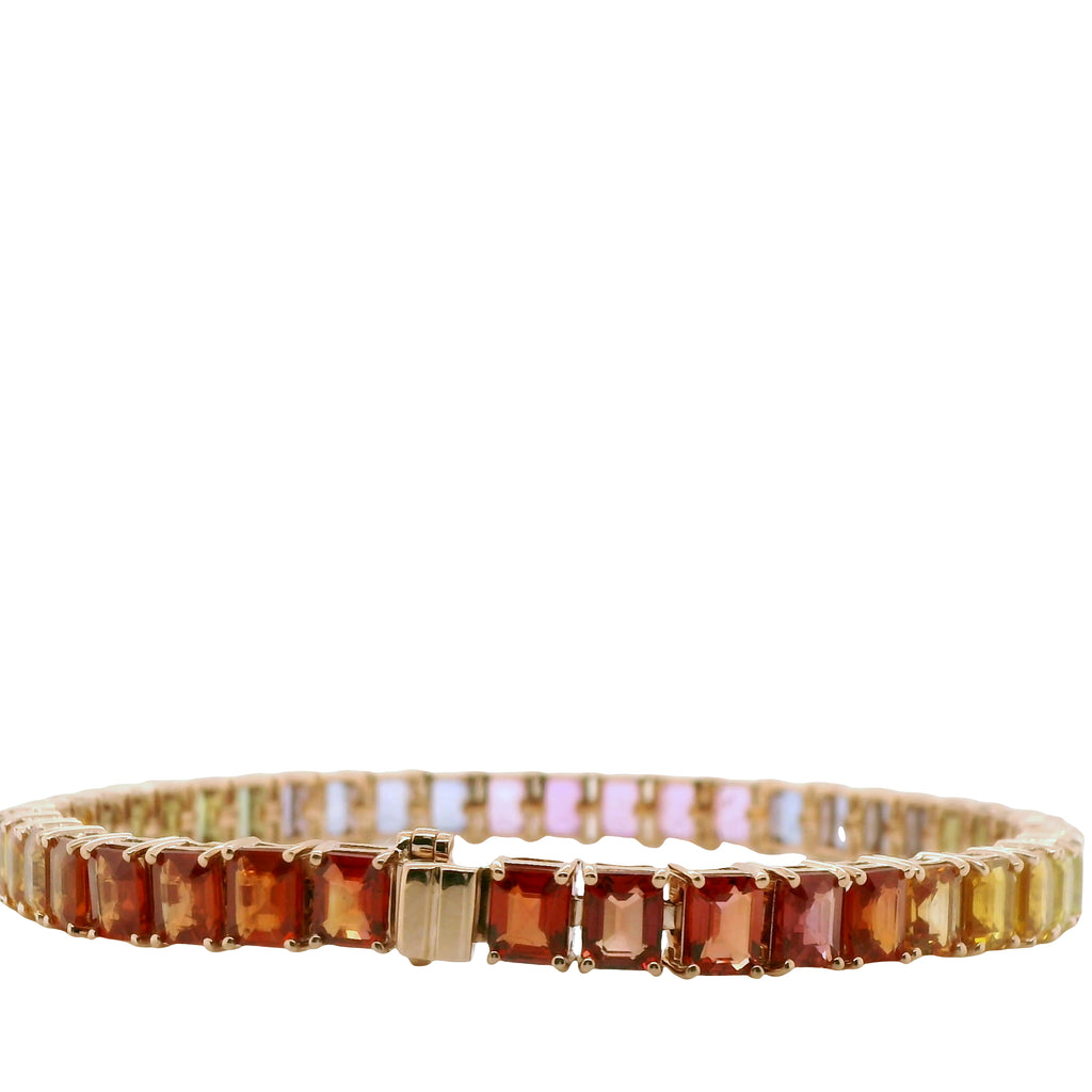 Natural Emerald Cut Multi-Colored Rainbow Sapphire Single Line Bracelet, in Yellow Gold