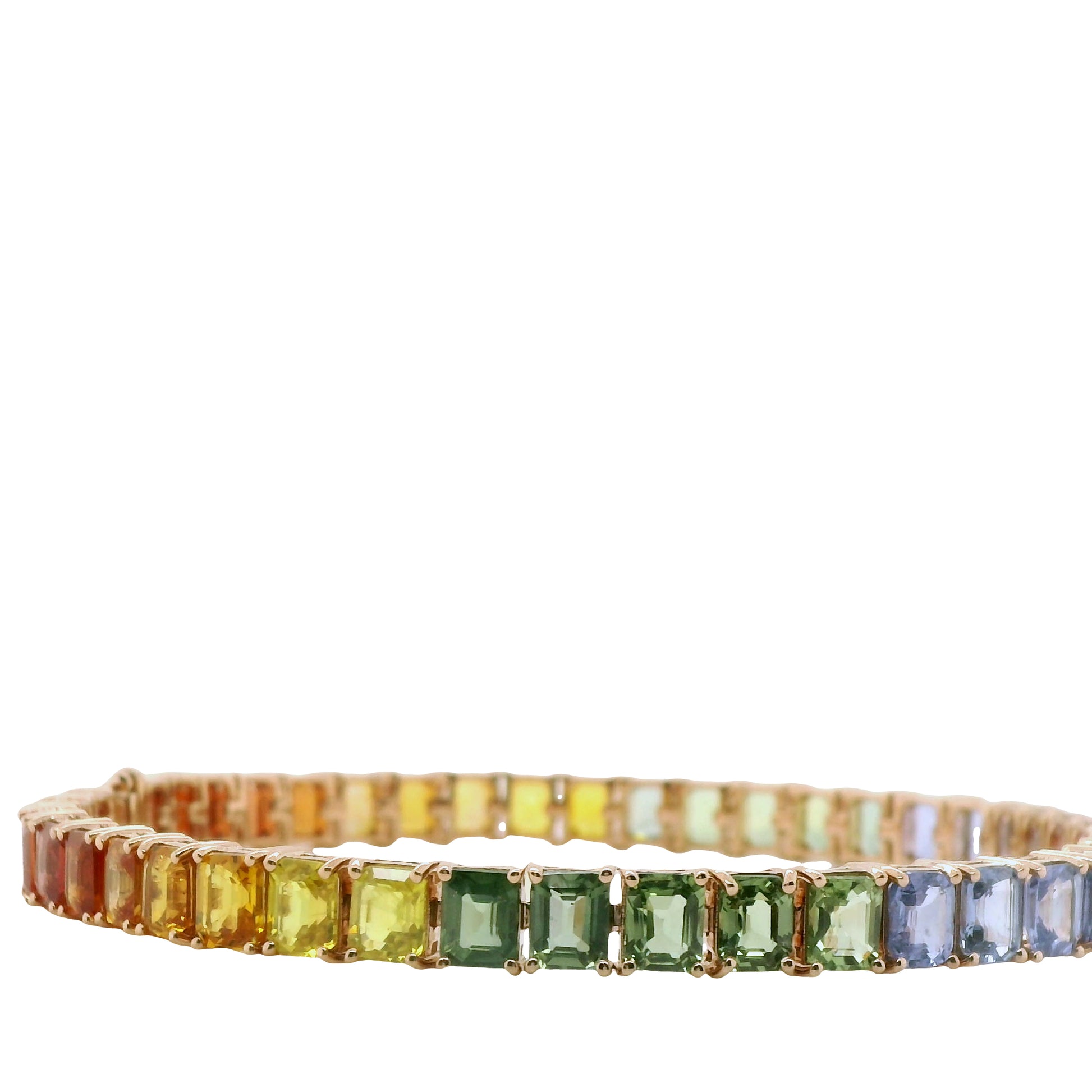 Natural Emerald Cut Multi-Colored Rainbow Sapphire Single Line Bracelet, in Yellow Gold