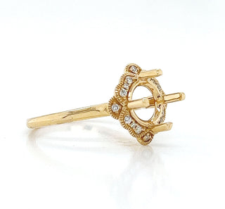 Natural Mined Round Diamond Halo Semi-Mount Art Deco Cocktail Ring Yellow Gold