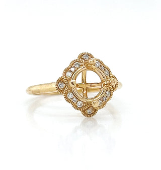 Natural Mined Round Diamond Halo Semi-Mount Art Deco Cocktail Ring Yellow Gold