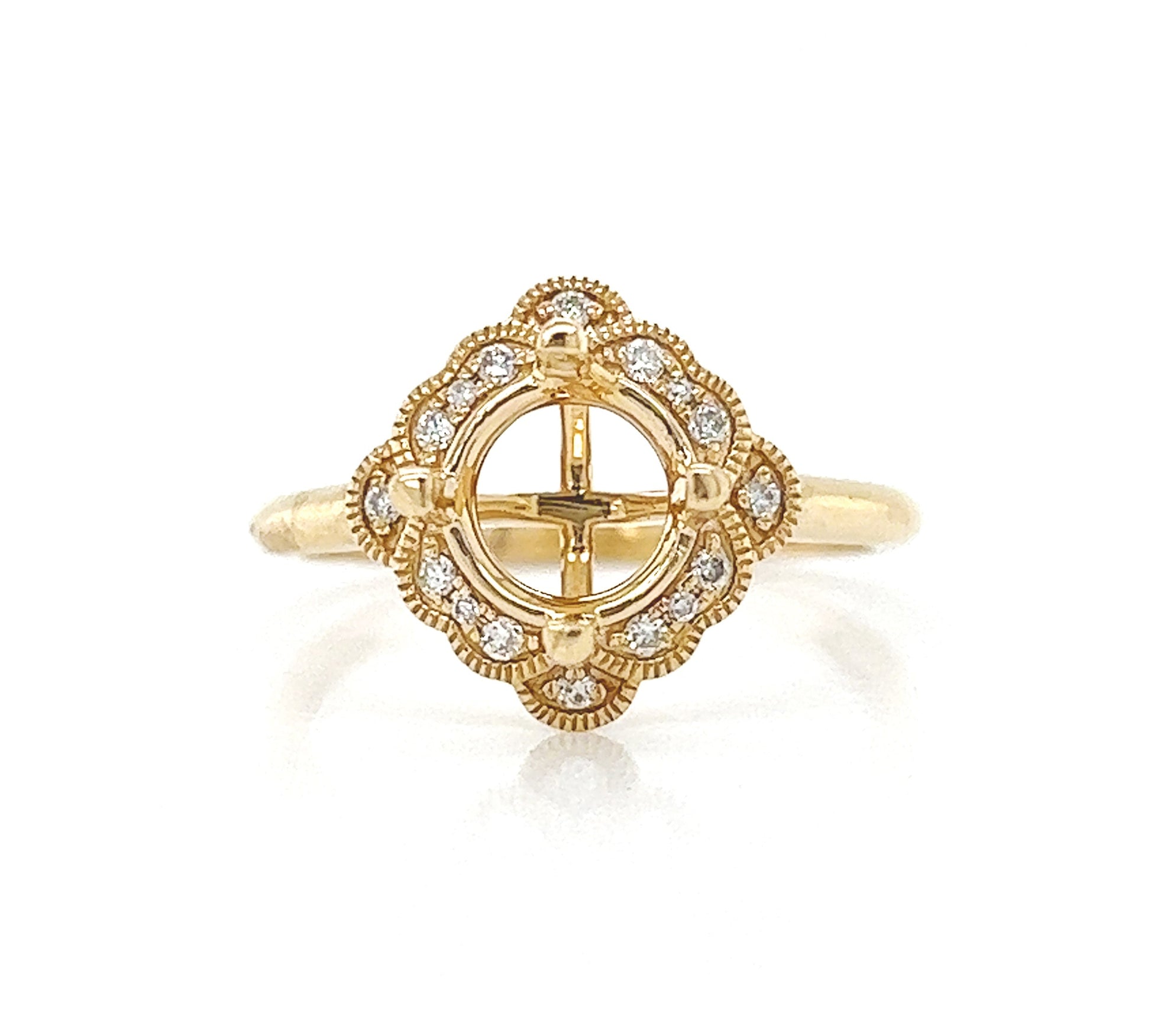 Semi-Mount with Natural Round Diamond Halo Art Deco Cocktail Ring, in Yellow Gold
