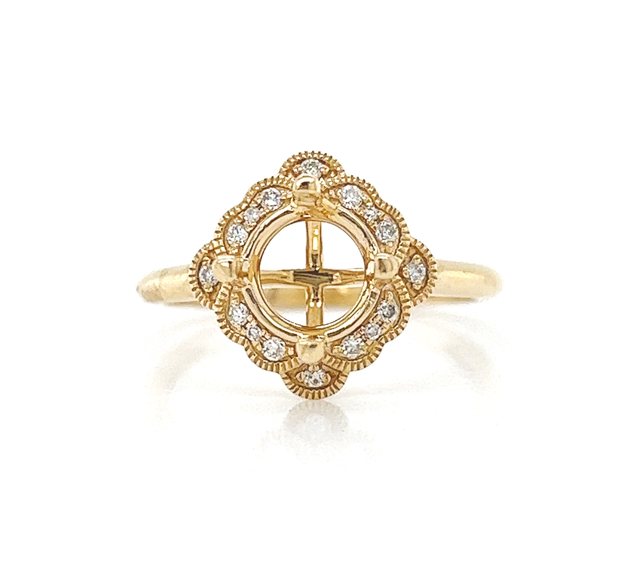 Semi-Mount with Natural Round Diamond Halo Art Deco Cocktail Ring, in Yellow Gold