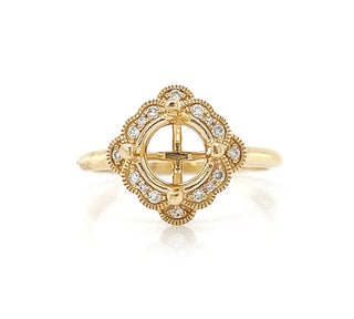 Natural Mined Round Diamond Halo Semi-Mount Art Deco Cocktail Ring Yellow Gold