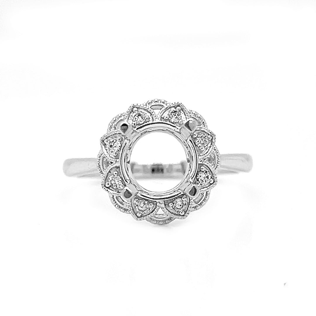 Semi-Mount Fits 7.5 mm with Natural Round Diamond  Art Deco Halo Ring, in White Gold