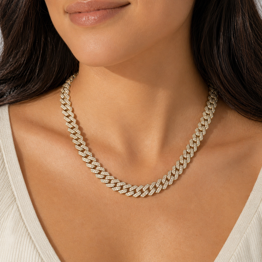 Cuban Chain Necklace Natural Diamonds 14KT Yellow Gold