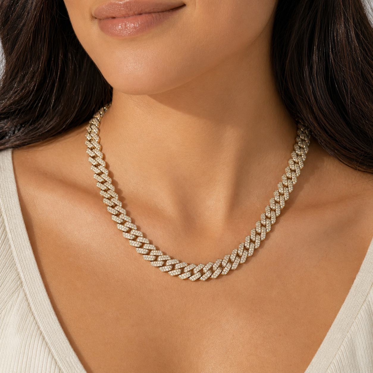 Cuban Chain Necklace Natural Diamonds 14KT Yellow Gold