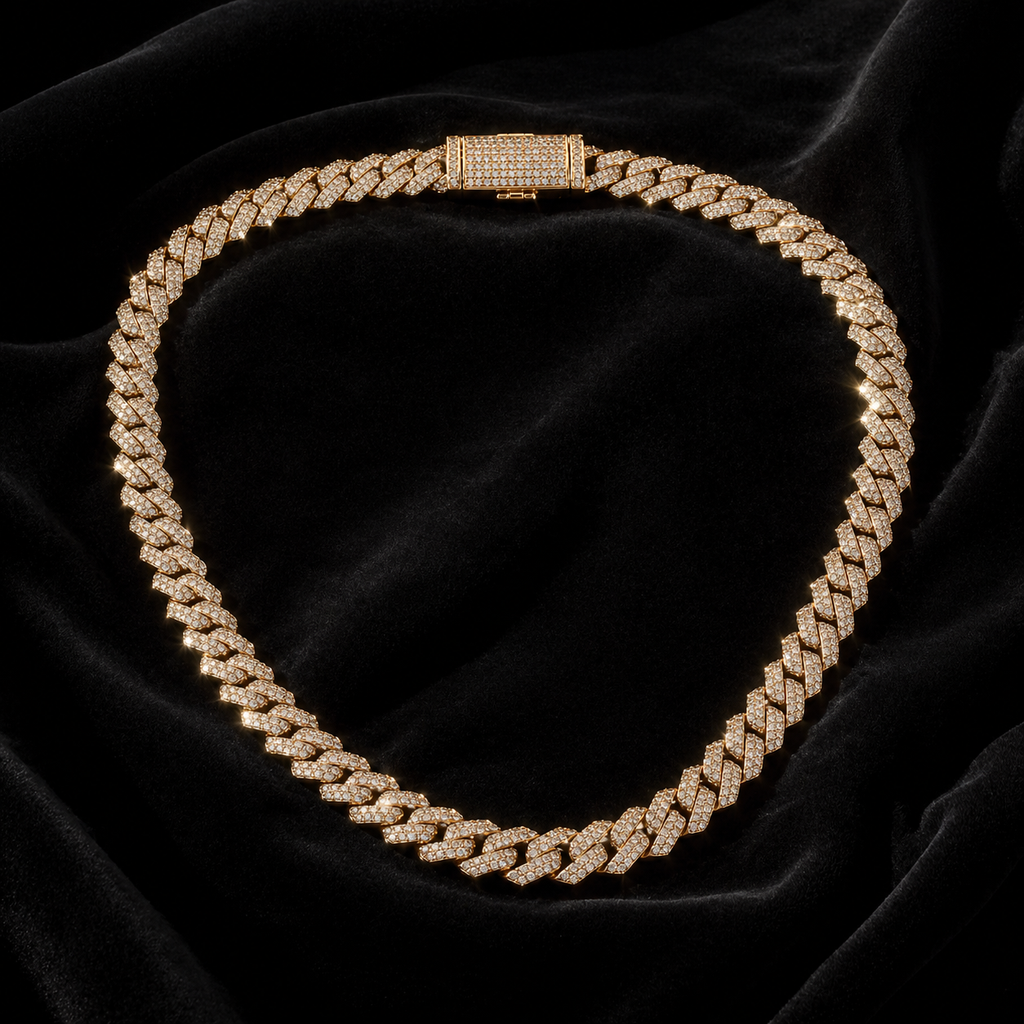 Cuban Chain Necklace Natural Diamonds 14KT Yellow Gold