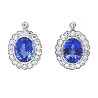 4.32 ct.tw. Natural Tanzanite and Diamond Halo Cocktail Earrings, in White Gold