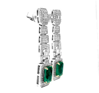 Natural Emerald Cut Green Emerald with Diamond Halo Cocktail Drop Earrings, in White Gold