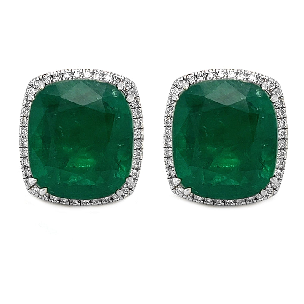 Natural Green Emerald Cushion Cut and Diamond Convertible Halo Earrings, in White Gold