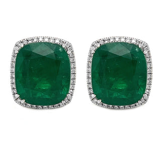 Natural Green Emerald Cushion Cut and Diamond Convertible Halo Earrings White Gold