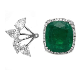 Natural Green Emerald Cushion Cut and Diamond Convertible Halo Earrings White Gold
