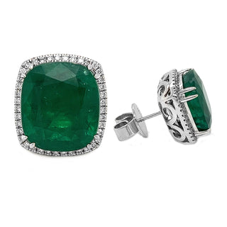 Natural Green Emerald Cushion Cut and Diamond Convertible Halo Earrings White Gold
