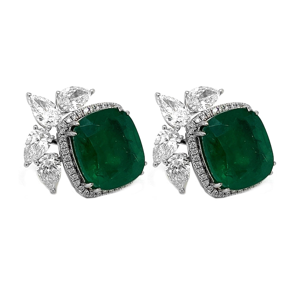 Natural Green Emerald Cushion Cut and Diamond Convertible Halo Earrings, in White Gold