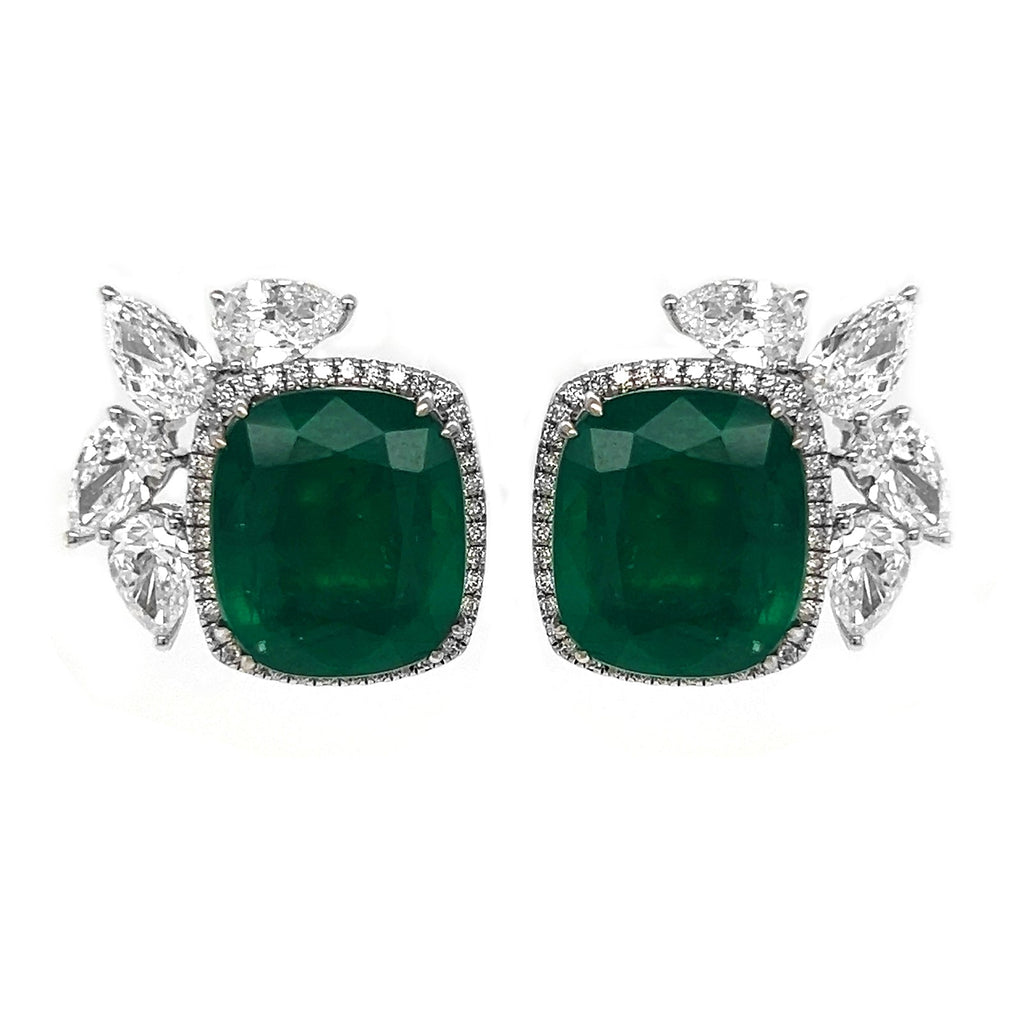Natural Green Emerald Cushion Cut and Diamond Convertible Halo Earrings, in White Gold