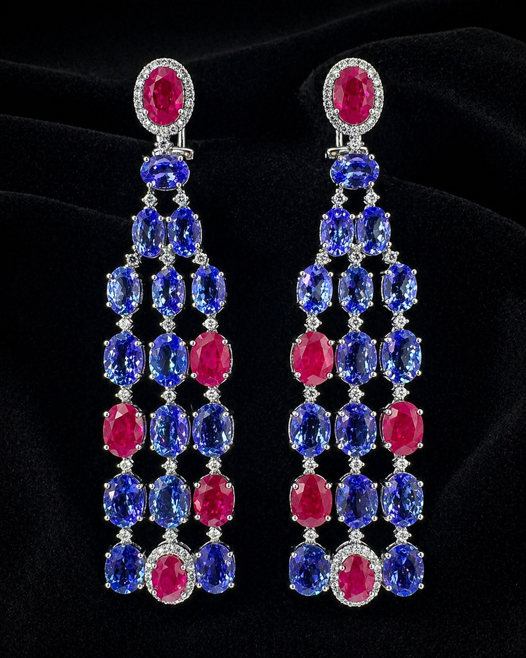 Natural Tanzanite Rubies and Diamond Dangle Cocktail Earrings 14KT White Gold