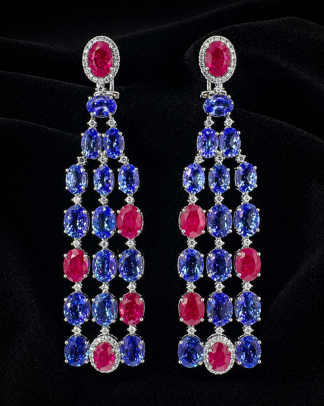 Natural Tanzanite Rubies and Diamond Dangle Cocktail Earrings 14KT White Gold