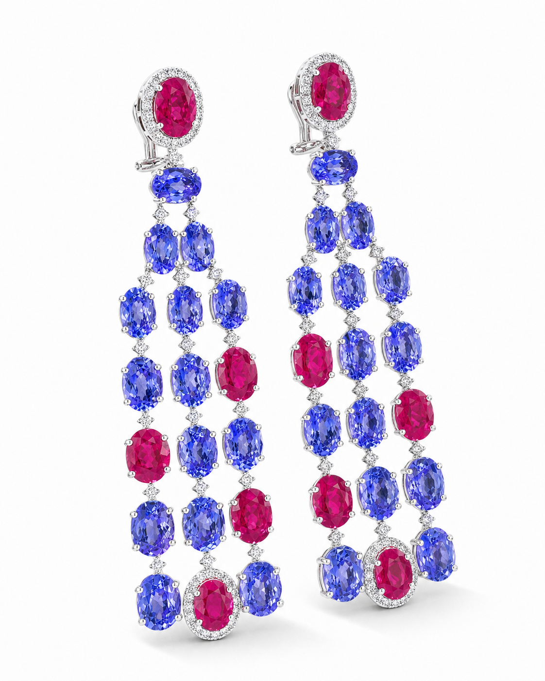 Natural Tanzanite Rubies and Diamond Dangle Cocktail Earrings 14KT White Gold