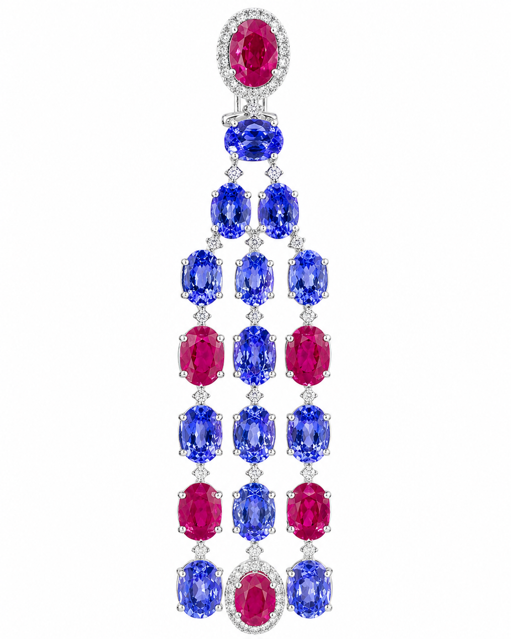 Natural Tanzanite Rubies and Diamond Dangle Cocktail Earrings 14KT White Gold