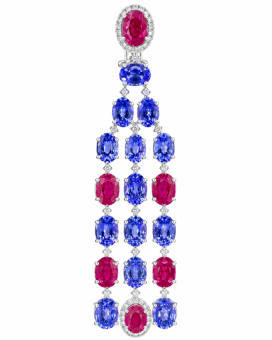 Natural Tanzanite Rubies and Diamond Dangle Cocktail Earrings 14KT White Gold