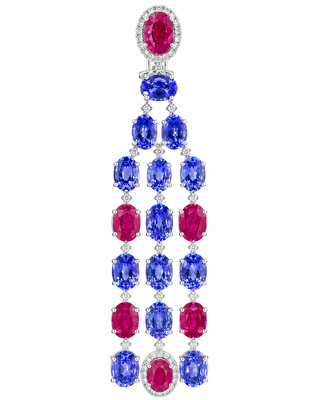 Natural Tanzanite Rubies and Diamond Dangle Cocktail Earrings 14KT White Gold