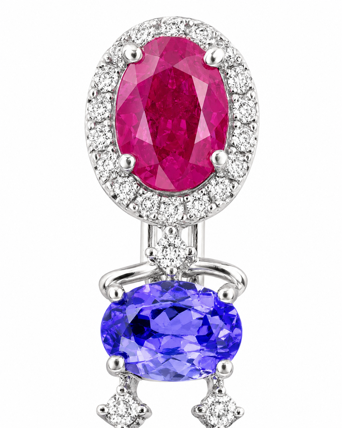 Natural Tanzanite Rubies and Diamond Dangle Cocktail Earrings 14KT White Gold