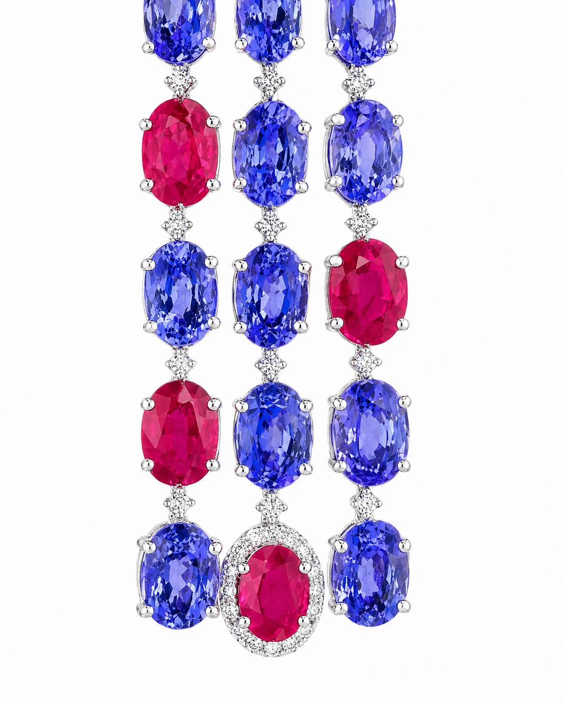 Natural Tanzanite Rubies and Diamond Dangle Cocktail Earrings 14KT White Gold