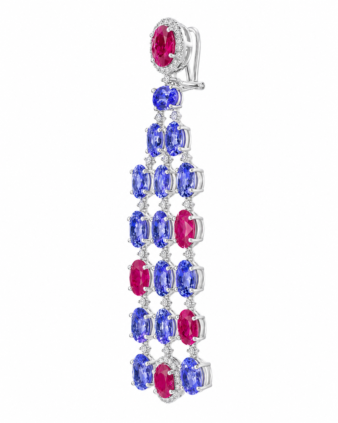 Natural Tanzanite Rubies and Diamond Dangle Cocktail Earrings 14KT White Gold
