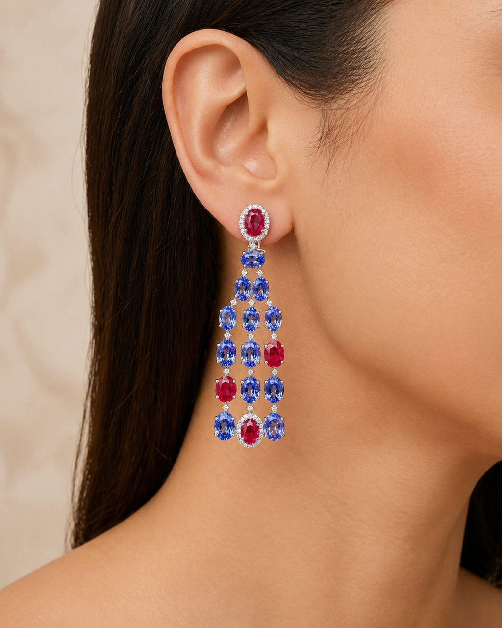 Natural Tanzanite Rubies and Diamond Dangle Cocktail Earrings 14KT White Gold