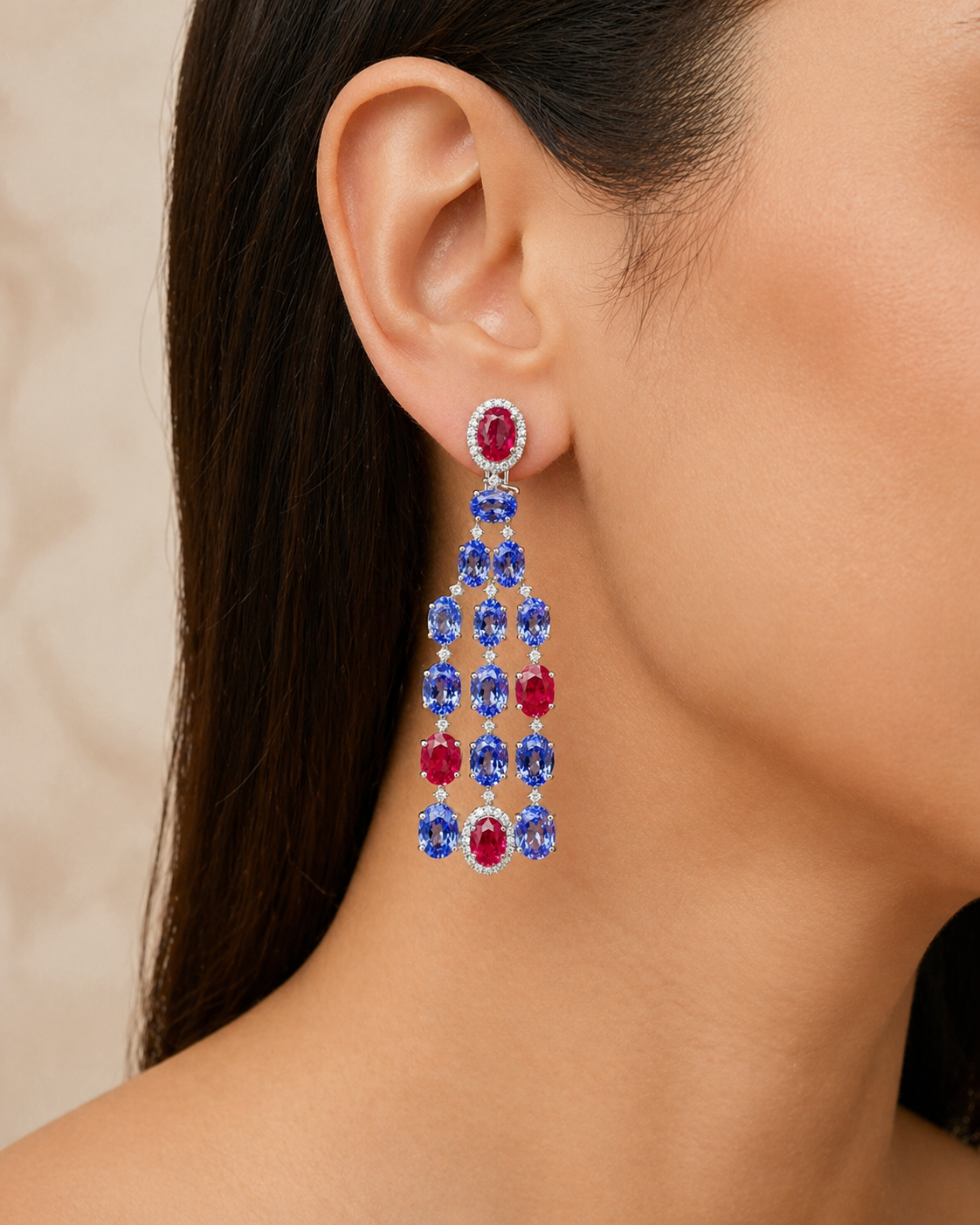 Natural Tanzanite Rubies and Diamond Dangle Cocktail Earrings 14KT White Gold