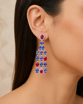 Natural Tanzanite Rubies and Diamond Dangle Cocktail Earrings 14KT White Gold