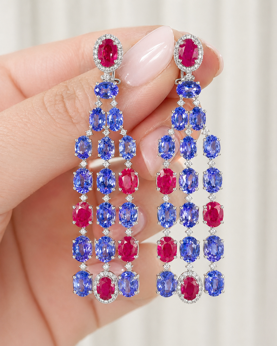 Natural Tanzanite Rubies and Diamond Dangle Cocktail Earrings 14KT White Gold