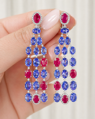 Natural Tanzanite Rubies and Diamond Dangle Cocktail Earrings 14KT White Gold