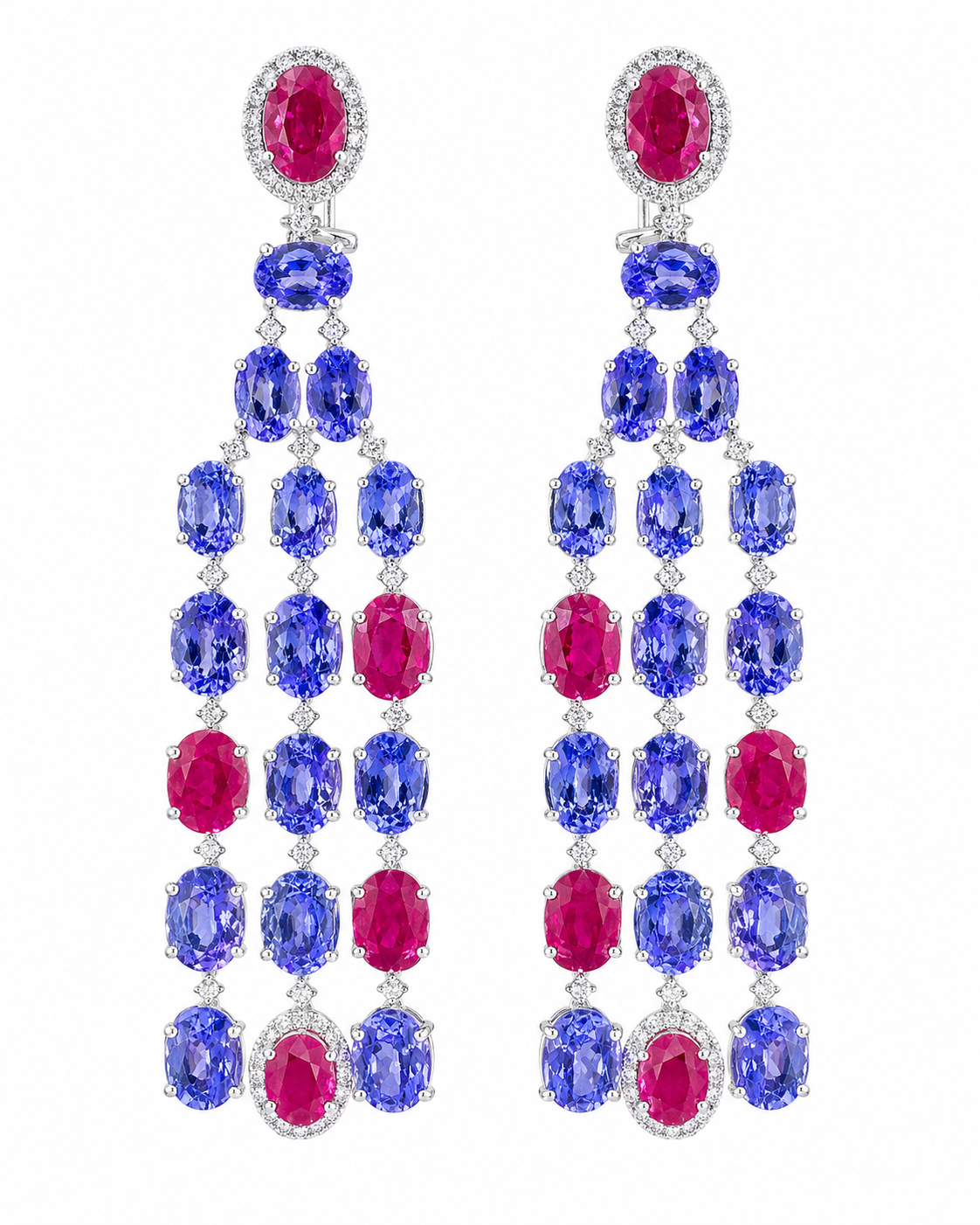 Natural Tanzanite Rubies and Diamond Dangle Cocktail Earrings 14KT White Gold