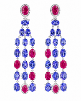 Natural Tanzanite Rubies and Diamond Dangle Cocktail Earrings 14KT White Gold