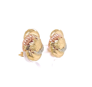 14K Tri Color Italian Gold Vintage Leaf Earring - Yellow Gold, White Gold, Rose