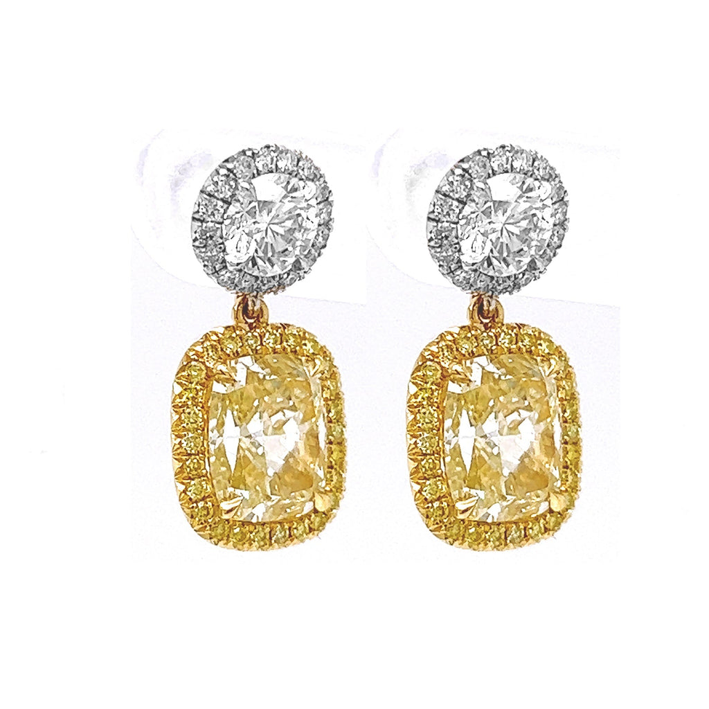 Natural Fancy Yellow Cushion Cut Diamond Halo Cocktail Earrings, in White Gol