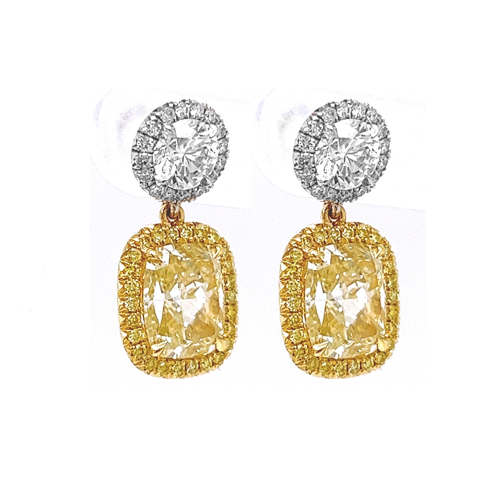 Natural Fancy Yellow Cushion Cut Diamond Halo Cocktail Earrings, in White Gol