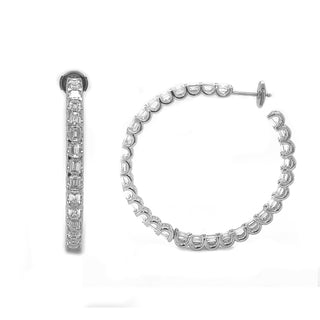 Natural Mined Emerald Cut Diamond Hoop Earrings White Gold