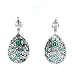 Natural Mined Pear Shaped Green Emerald and Diamond Halo Earrings White Gold AGL Certified