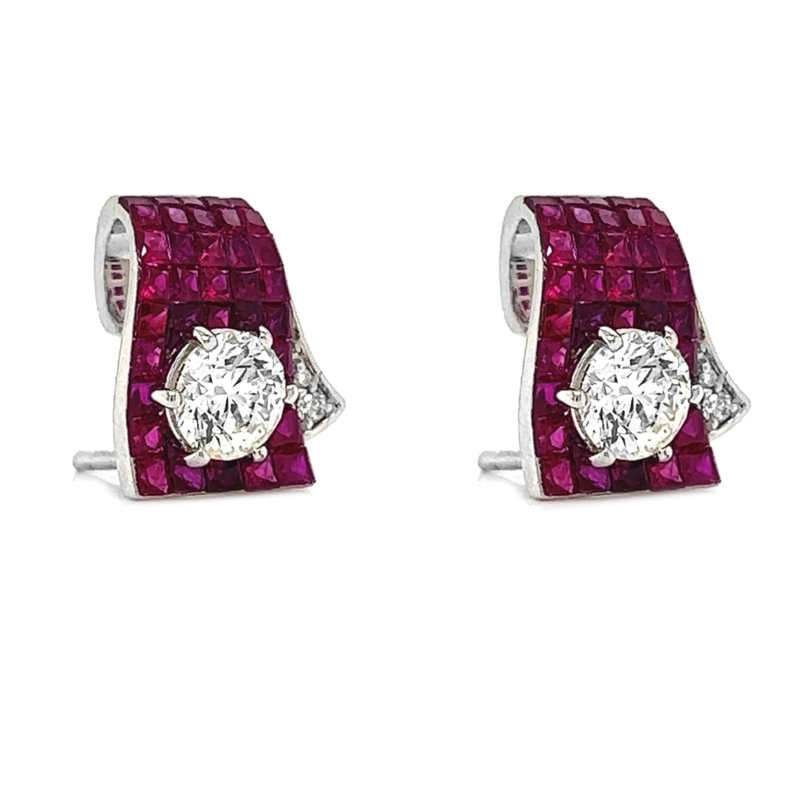 1.60 ct.tw. Natural Diamond and Rubies Halo Cocktail Earrings, in White Gold