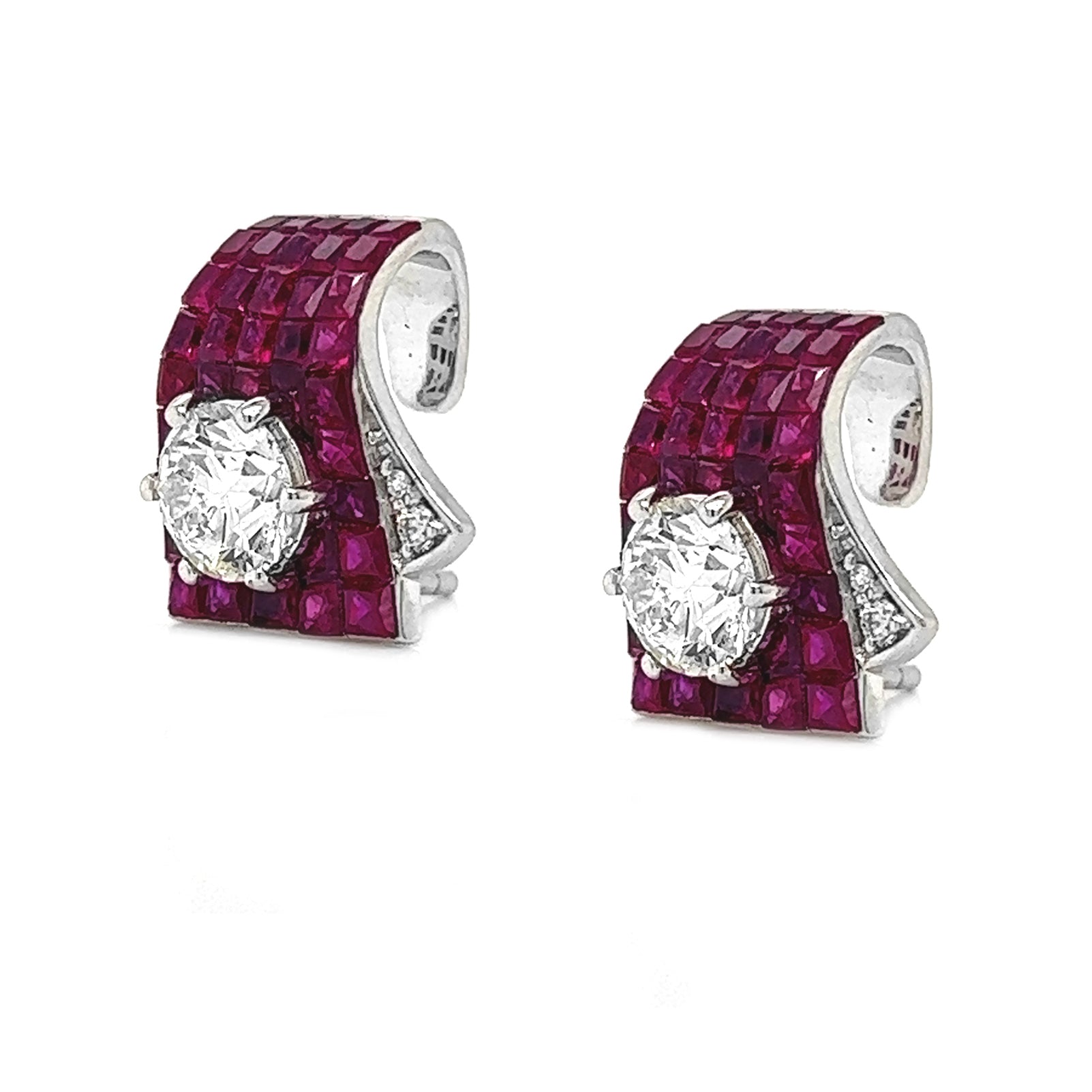 1.60 ct.tw. Natural Diamond and Rubies Halo Cocktail Earrings, in White Gold