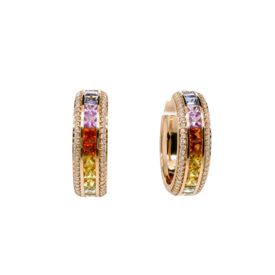 Natural Rainbow Sapphires and Diamond Hoops Cocktail Earrings, in Rose Gold