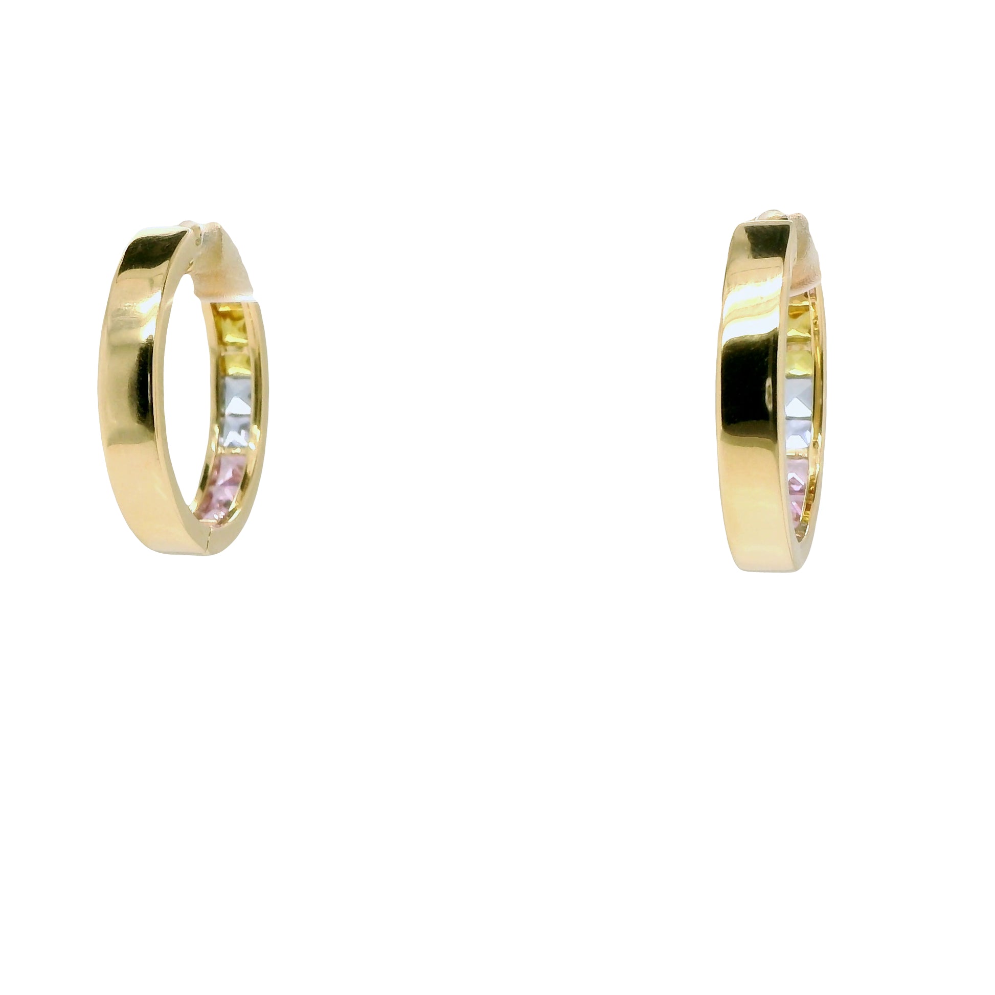 Multi-Colored Rainbow Natural Sapphires and Diamonds Hoops Earrings, in Yellow Gold