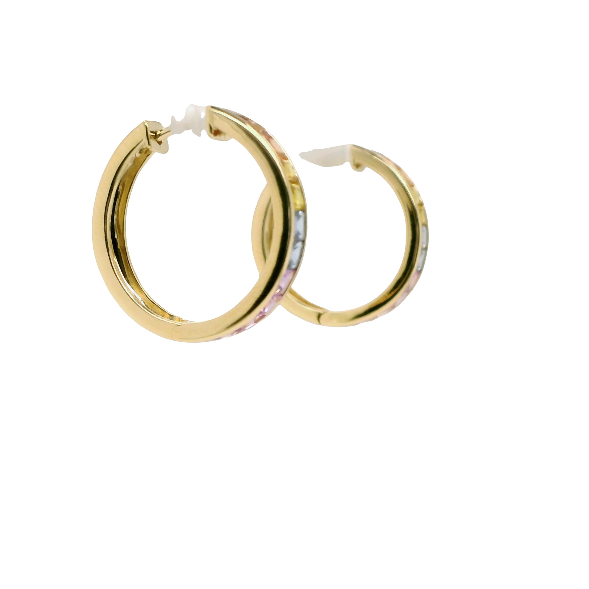 Multi-Colored Rainbow Natural Sapphires and Diamonds Hoops Earrings, in Yellow Gold
