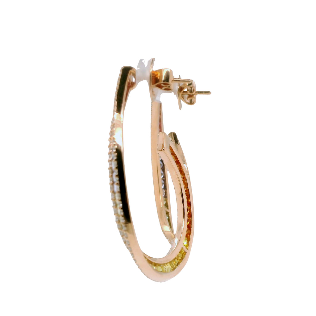Multi-Colored Rainbow Natural Sapphires and Diamonds Cocktail Hoops Earrings, in Rose Gold