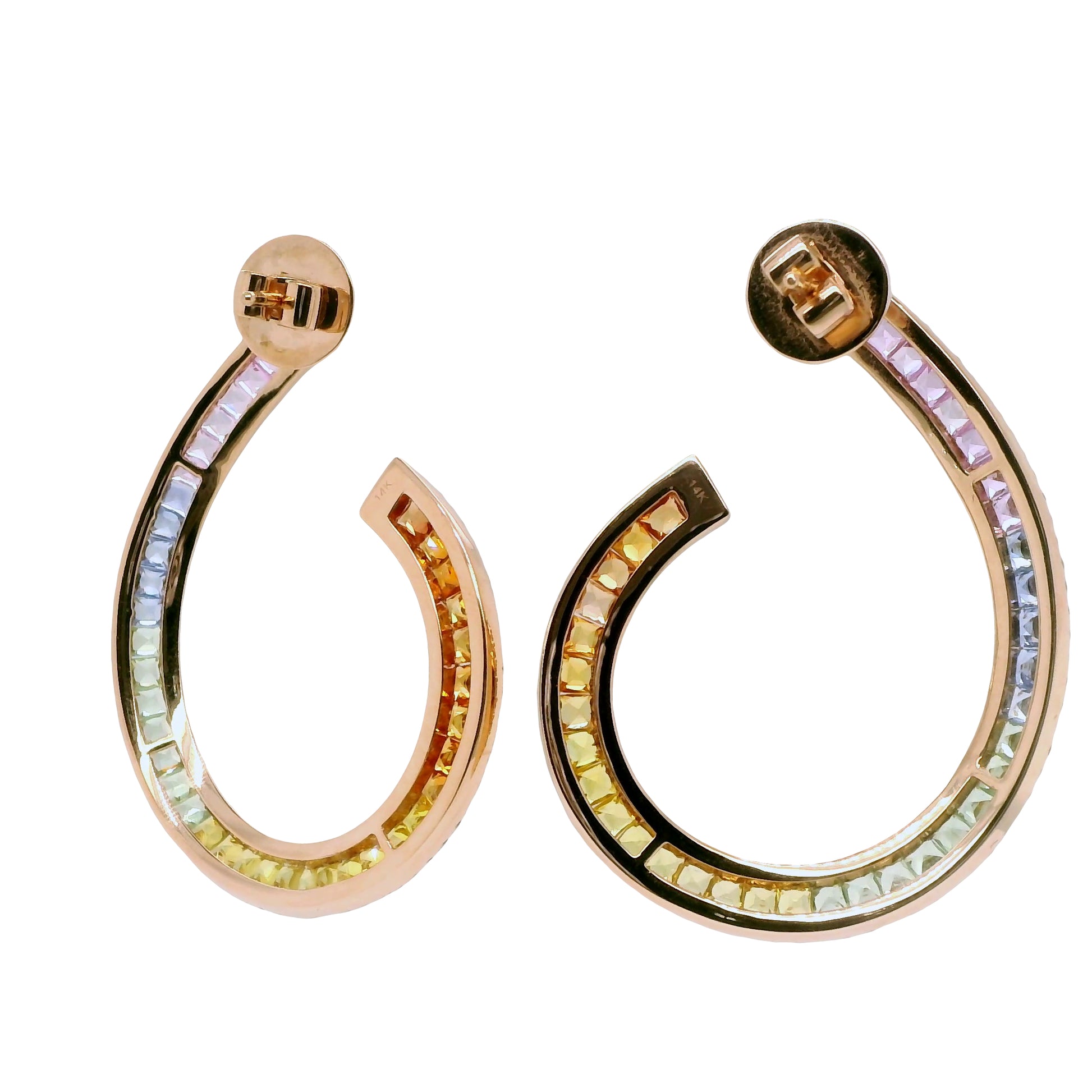 Multi-Colored Rainbow Natural Sapphires and Diamonds Cocktail Hoops Earrings, in Rose Gold