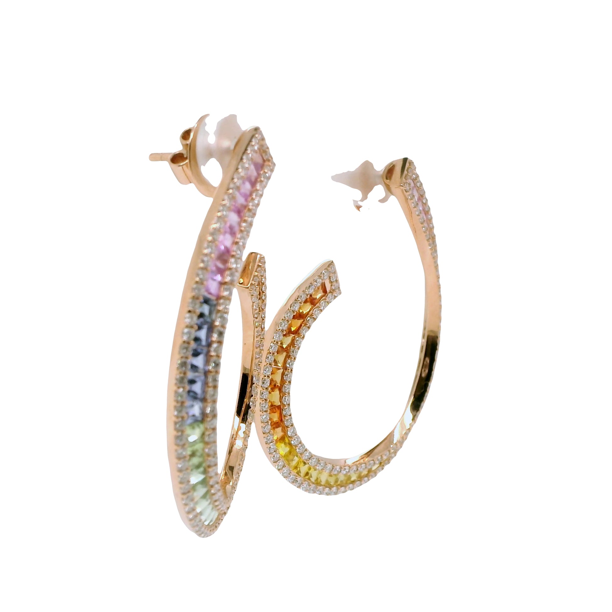Multi-Colored Rainbow Natural Sapphires and Diamonds Cocktail Hoops Earrings, in Rose Gold