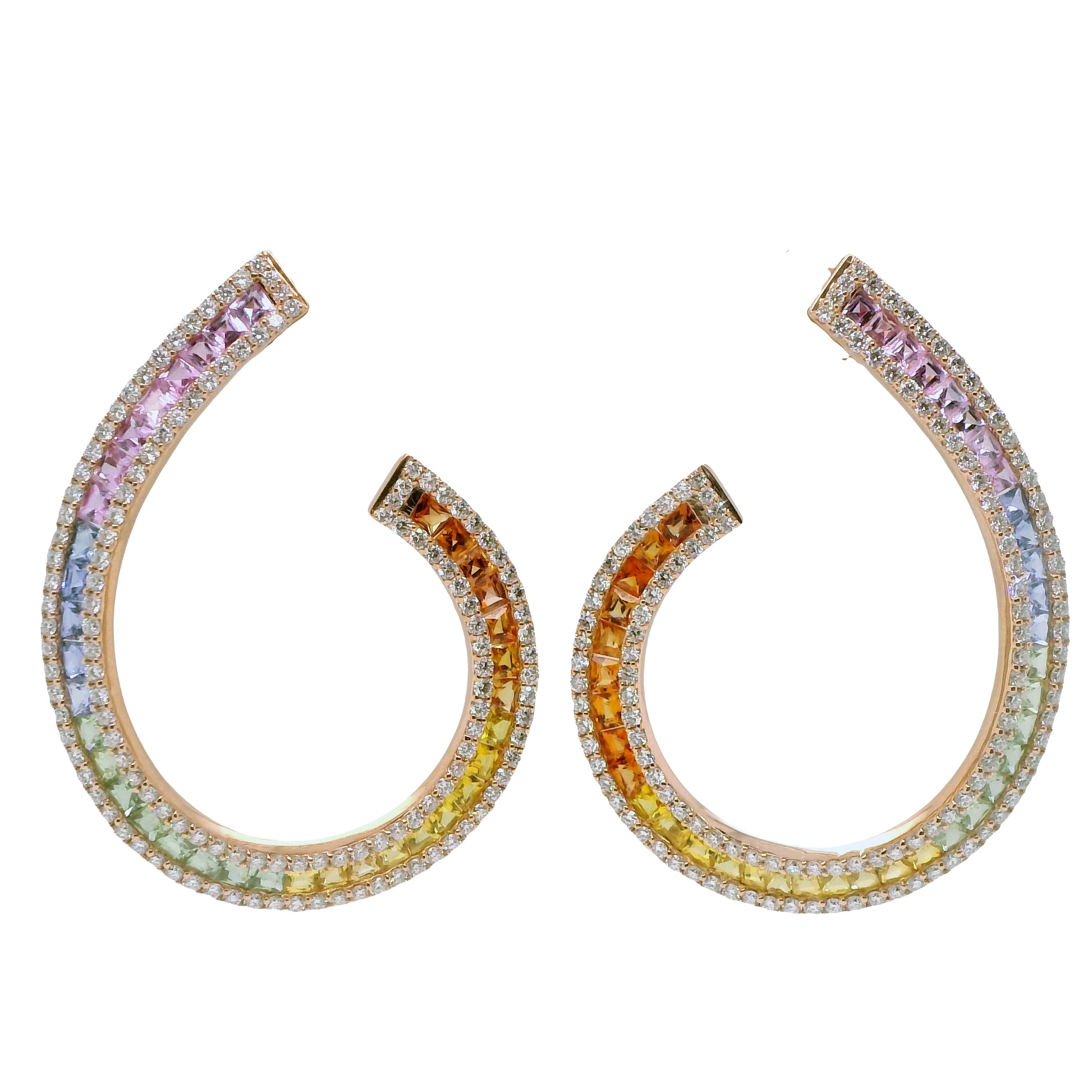 Multi-Colored Rainbow Natural Sapphires and Diamonds Cocktail Hoops Earrings, in Rose Gold