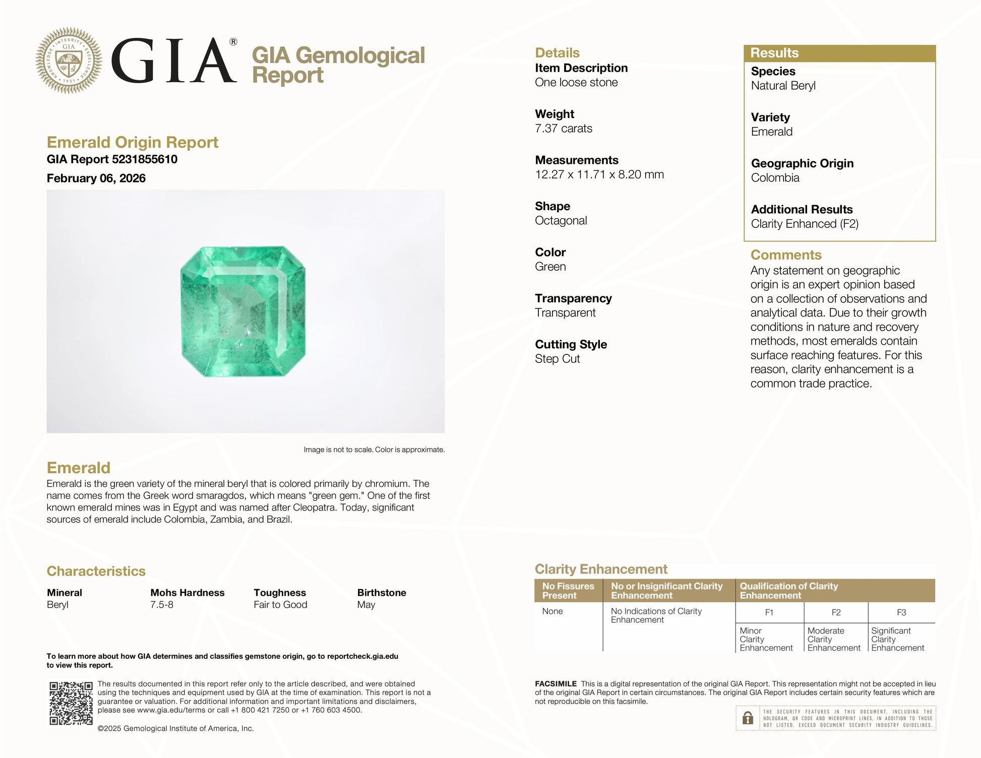 7.38 Carat Green Colombia Emerald Asscher Cut GIA